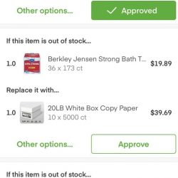 Screenshot of an Instacard substitution recommendation; printer paper instead of toilet paper.