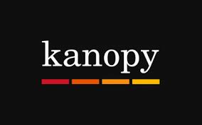 The word Kanopy in white on a black background and with four bars arranged horizontally under it, in red, ornage, light orange, and yellow.