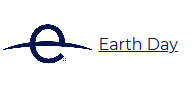 The letter E hanging on a curved line to represent the Earth with the words "Earth Day" to the right.