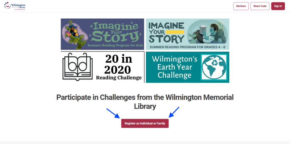 Screenshot of the WML Beanstack home page. With banners for each of the 4 programs arranged in a square above the words "Participate in Challenges from the Wilmington Memorial Library" above a register button below it.